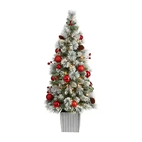 Nearly Natural 4 Foot Winter Flocked Pine In Decorative Planter With Ornaments And 50 Led Lights Pre-Lit Christmas Tree