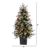 Nearly Natural 4 Foot Frosted Fir In Decorative Planter With Berries And 105 Led Lights Pre-Lit Christmas Tree