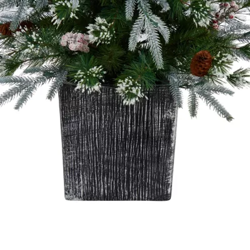 Nearly Natural 4 Foot Frosted Fir In Decorative Planter With Berries And 105 Led Lights Pre-Lit Christmas Tree
