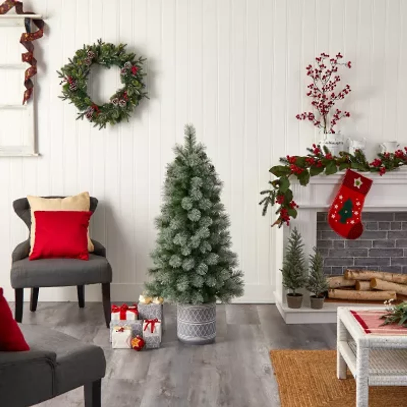 Nearly Natural 4 1/2 Foot Flocked Pine In Planter With 232 Bendable Branches And 120 Warm White Led Lights Pre-Lit Christmas Tree