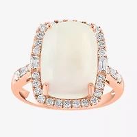 Effy Final Call Womens Genuine White Opal & 1/2 CT. T.W. Diamond 14K Rose Gold Cushion Halo Side Stone Cocktail Ring