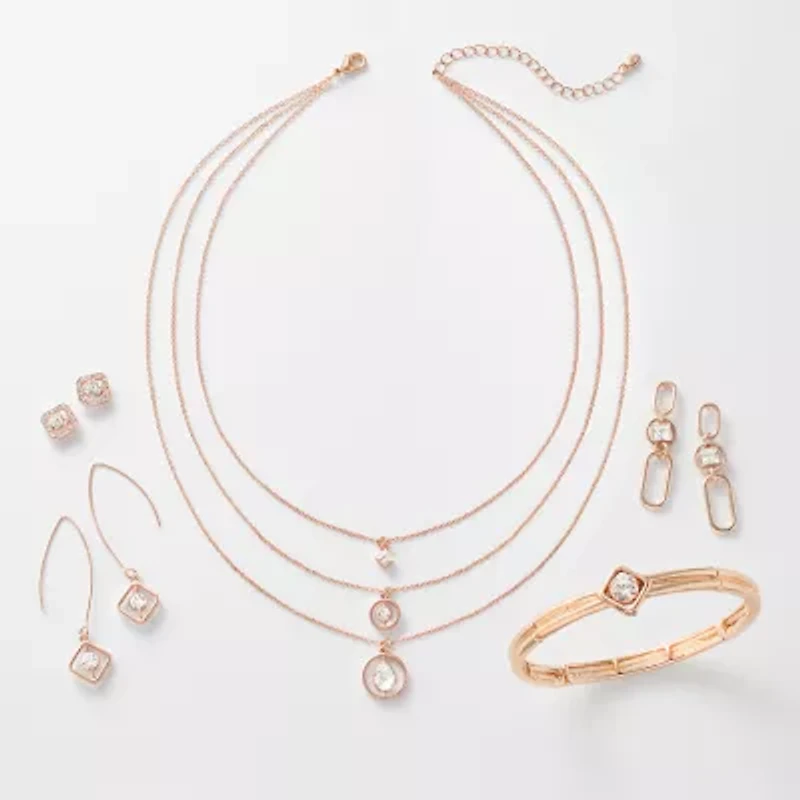 Bijoux Bar Delicates Rose Tone Pave Framed Glass 11.8mm Square Stud Earrings