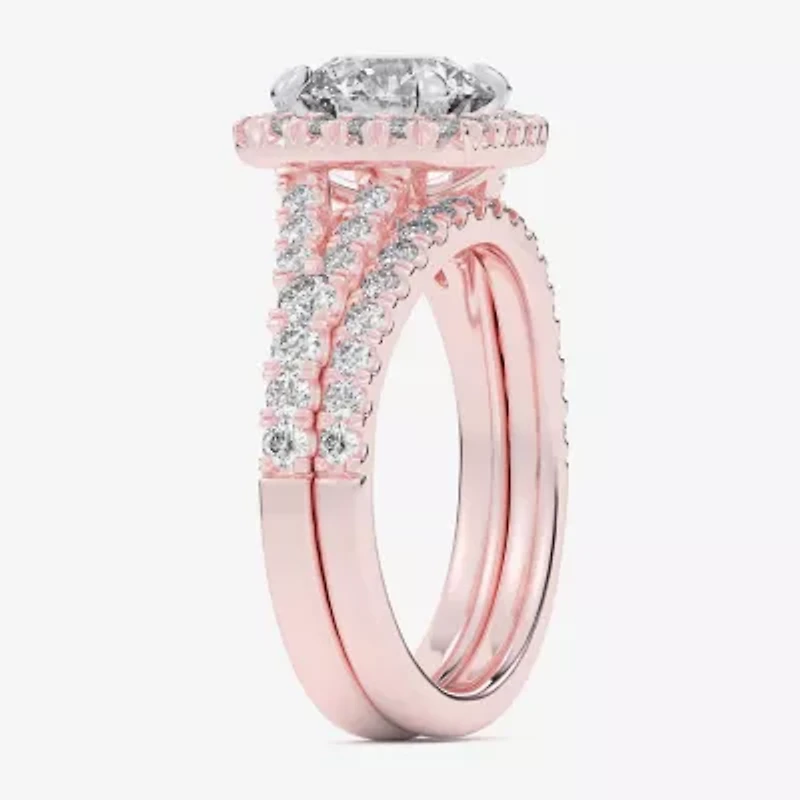 G-H / Si1-Si2) Womens / CT. T.W. Lab Grown White Diamond 14K Gold Round Side Stone Halo Bridal Set