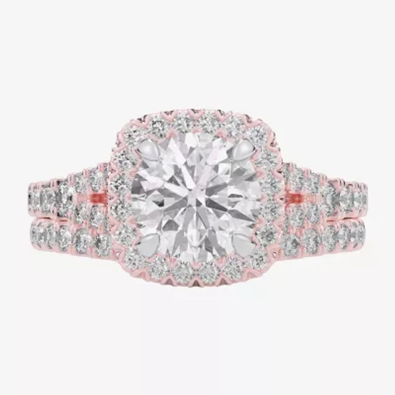 G-H / Si1-Si2) Womens 3 CT. T.W. Lab Grown White Diamond 14K Gold Round Side Stone Halo Bridal Set