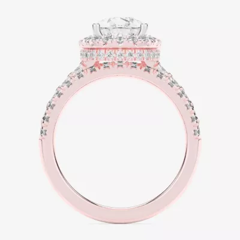 (G-H / Si1-Si2) Womens 4 1/4 CT. T.W. Lab Grown White Diamond 14K Gold Pear Side Stone Halo Bridal Set