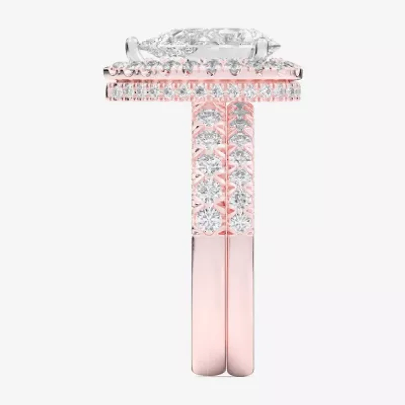 (G-H / Si1-Si2) Womens 4 1/4 CT. T.W. Lab Grown White Diamond 14K Gold Pear Side Stone Halo Bridal Set