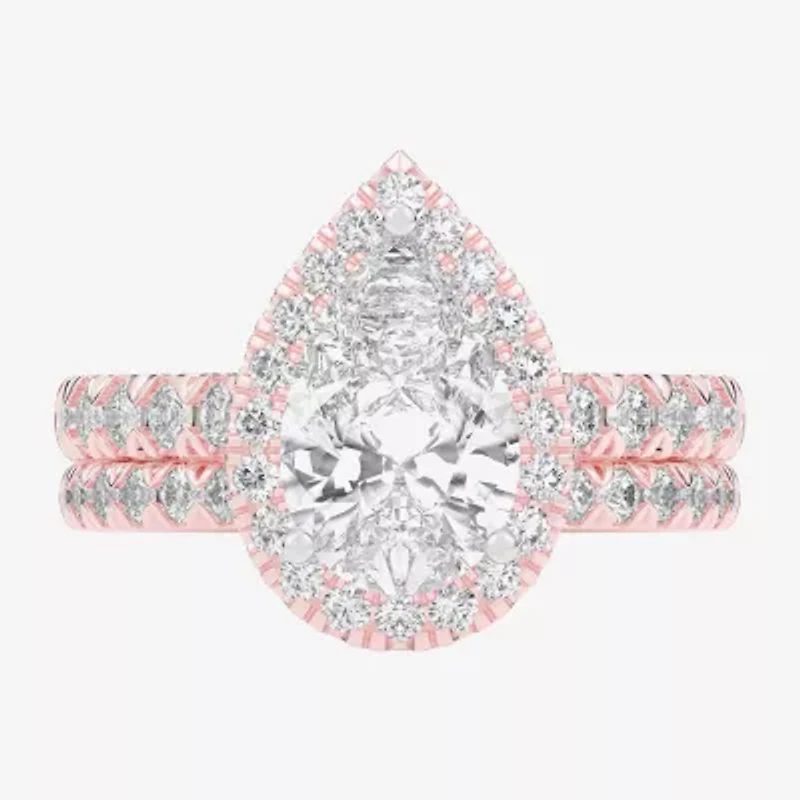 (G-H / Si1-Si2) Womens 4 1/4 CT. T.W. Lab Grown White Diamond 14K Gold Pear Side Stone Halo Bridal Set