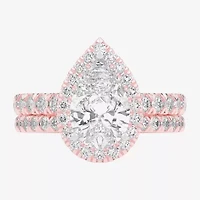 (G-H / Si1-Si2) Womens 4 1/4 CT. T.W. Lab Grown White Diamond 14K Gold Pear Side Stone Halo Bridal Set