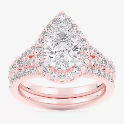 G-H / Si1-Si2) Womens CT. T.W. Lab Grown White Diamond 14K Gold Pear Side Stone Halo Bridal Set
