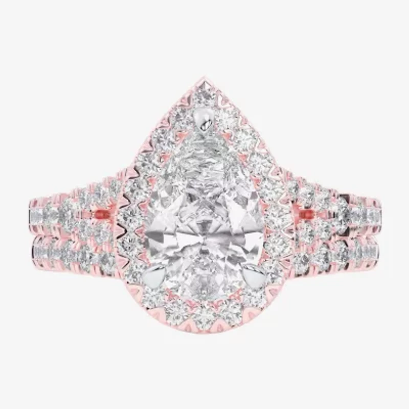 G-H / Si1-Si2) Womens CT. T.W. Lab Grown White Diamond 14K Gold Pear Side Stone Halo Bridal Set