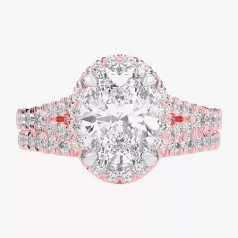 (G-H / Si1-Si2) Womens 1 5/8 CT. T.W. Lab Grown White Diamond 14K Gold Oval Side Stone Halo Bridal Set
