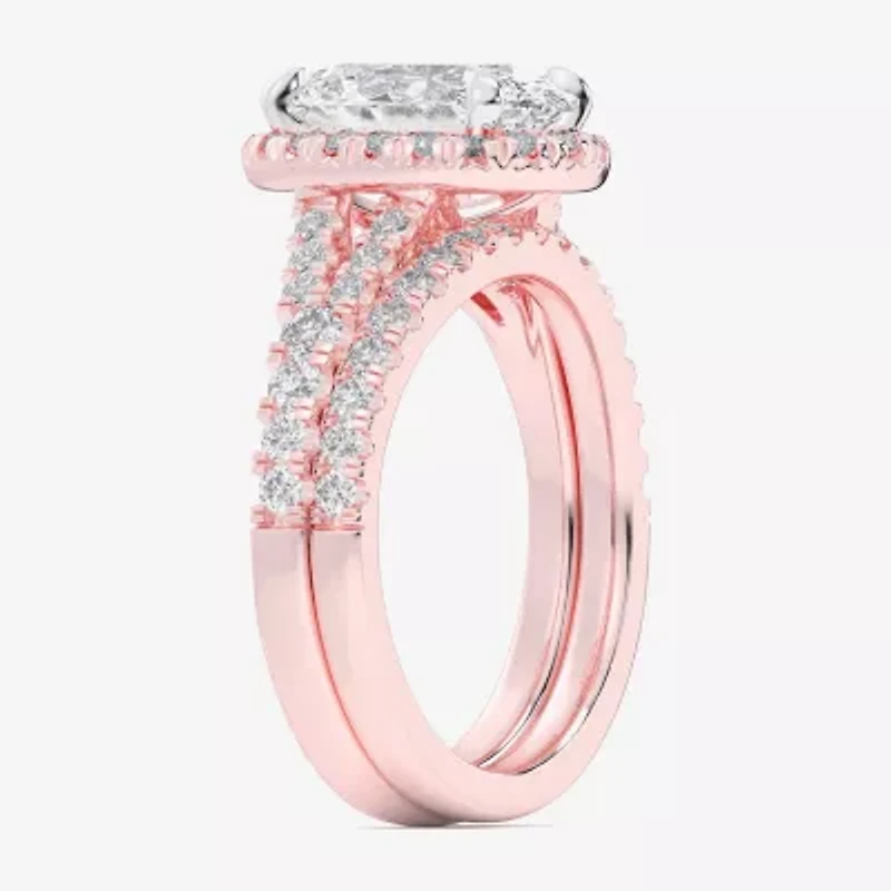 (G-H / Si1-Si2) Womens 1 5/8 CT. T.W. Lab Grown White Diamond 14K Gold Oval Side Stone Halo Bridal Set