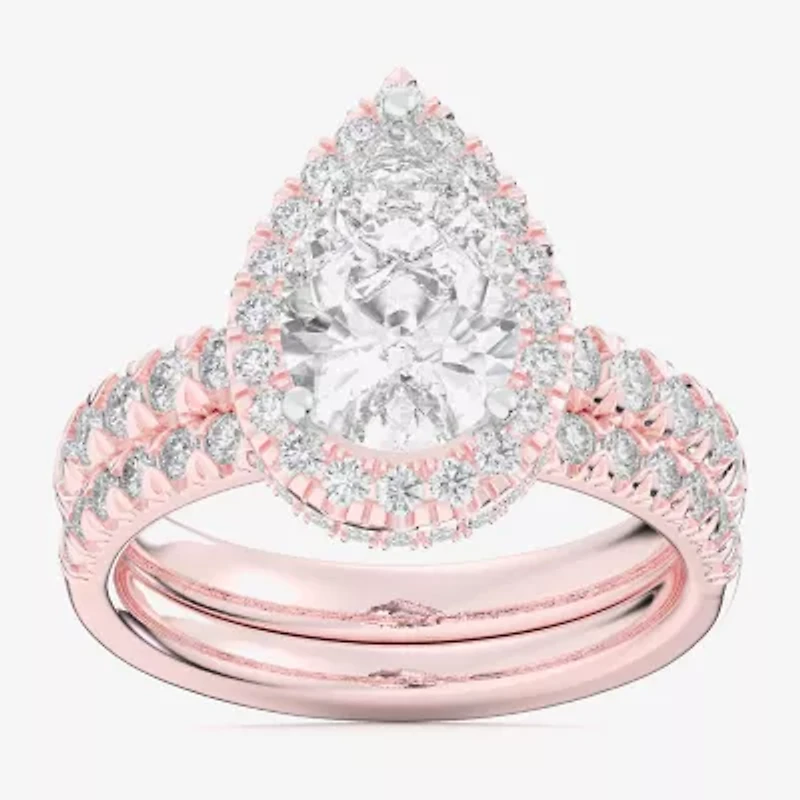 (G-H / Si1-Si2) Womens 1 5/8 CT. T.W. Lab Grown White Diamond 14K Gold Pear Side Stone Halo Bridal Set