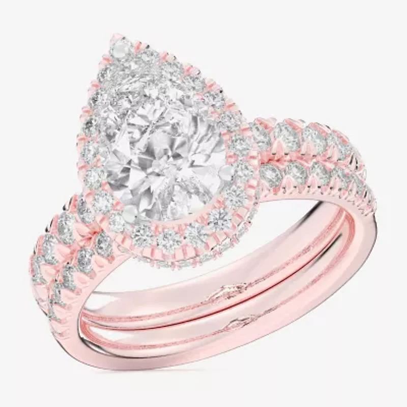 (G-H / Si1-Si2) Womens 1 5/8 CT. T.W. Lab Grown White Diamond 14K Gold Pear Side Stone Halo Bridal Set