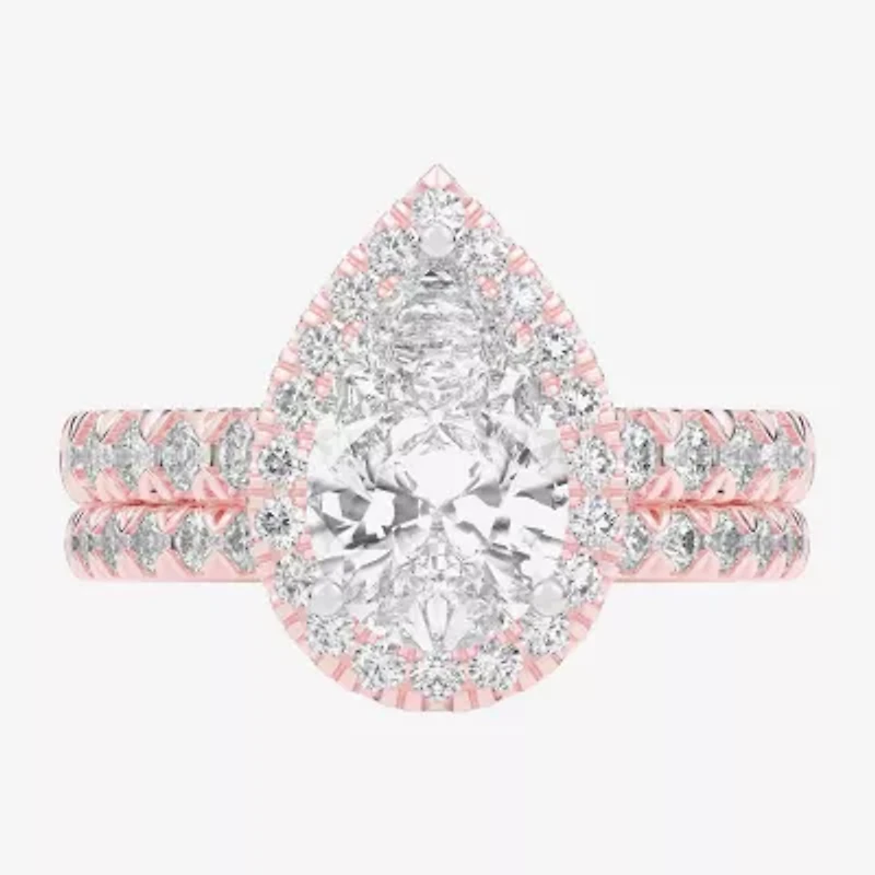 (G-H / Si1-Si2) Womens 1 5/8 CT. T.W. Lab Grown White Diamond 14K Gold Pear Side Stone Halo Bridal Set