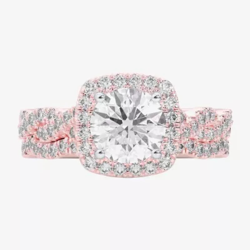 (G-H / Si1-Si2) Womens 2 3/4 CT. T.W. Lab Grown White Diamond 14K Gold Round Side Stone Halo Bridal Set