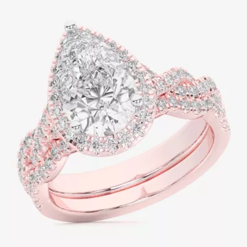 (G-H / Si1-Si2) Womens 3 3/4 CT. T.W. Lab Grown White Diamond 14K Gold Pear Side Stone Halo Bridal Set