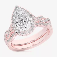 (G-H / Si1-Si2) Womens 3 3/4 CT. T.W. Lab Grown White Diamond 14K Gold Pear Side Stone Halo Bridal Set