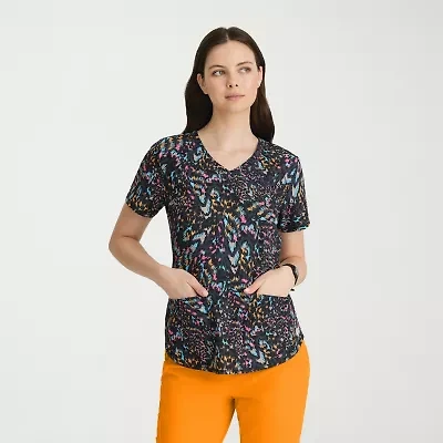 Skechers Skt021 Essence 3-Pocket Print Womens V Neck Short Sleeve Tag Free Stretch Fabric Moisture Wicking Scrub Top