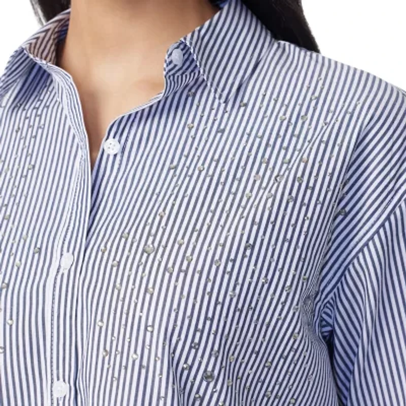 Gloria Vanderbilt Amanda Embellished Womens Long Sleeve Roll Tab Loose Fit Button-Down Shirt