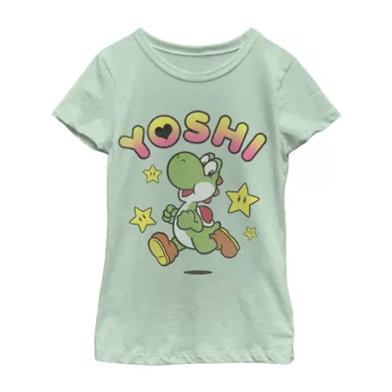 Yoshi Little & Big Kid Girls Crew Neck Short Sleeve Regular Fit Super Mario Graphic T-Shirt