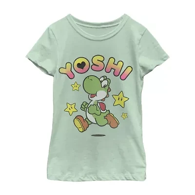 Yoshi Little & Big Kid Girls Crew Neck Short Sleeve Regular Fit Super Mario Graphic T-Shirt