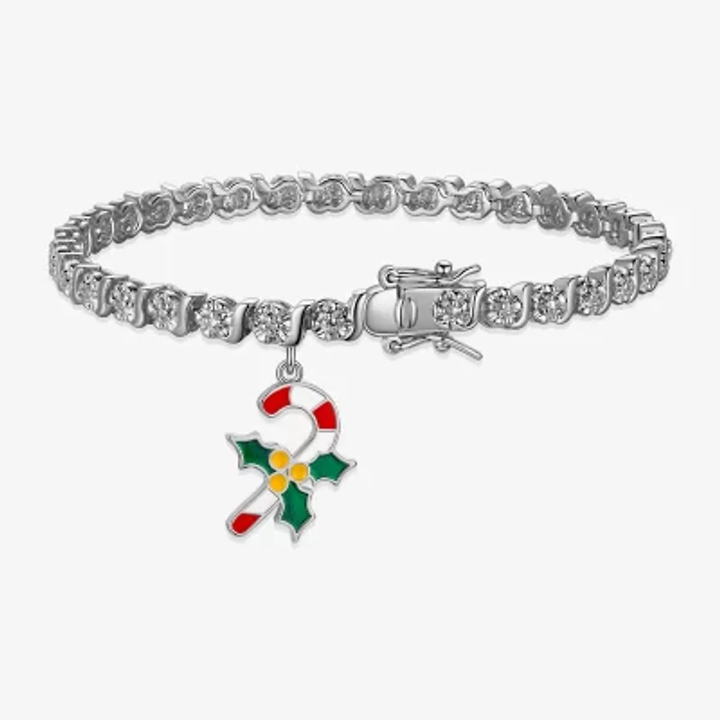 Sparkle Allure Candy Cane Charm Womens Natural White Diamond Accent Pure Silver Over Brass 7.25 Inch Tennis Bracelet