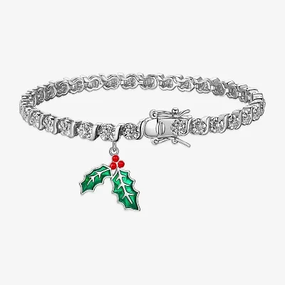 Sparkle Allure Mistletoe Charm Womens Natural White Diamond Accent Pure Silver Over Brass 7.25 Inch Tennis Bracelet