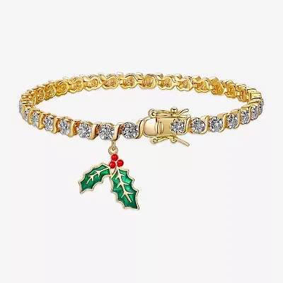 Sparkle Allure Mistletoe Charm Womens Natural White Diamond Accent 14K Gold Over Brass 7.25 Inch Tennis Bracelet