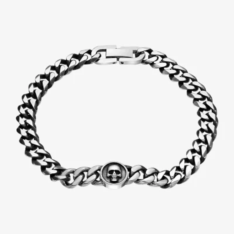 Mens Stainless Steel 8 1/2 Inch Solid Curb Skull Chain Bracelet