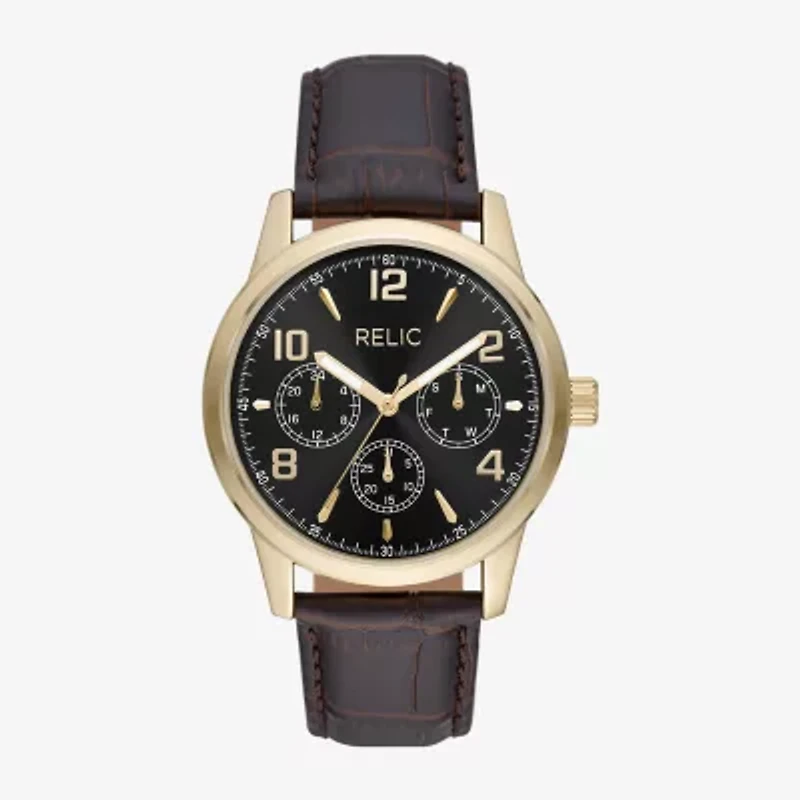 Relic By Fossil Rutherford Mens Multi-Function Brown Leather Strap Watch Zr15975