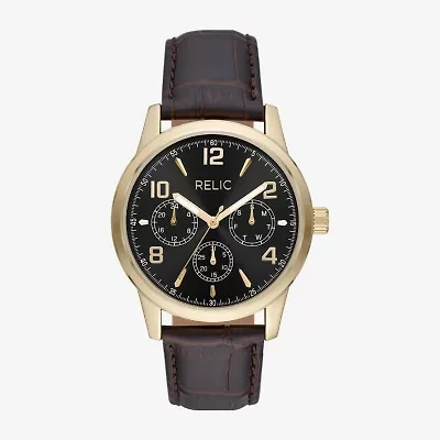 Relic By Fossil Rutherford Mens Multi-Function Brown Leather Strap Watch Zr15975