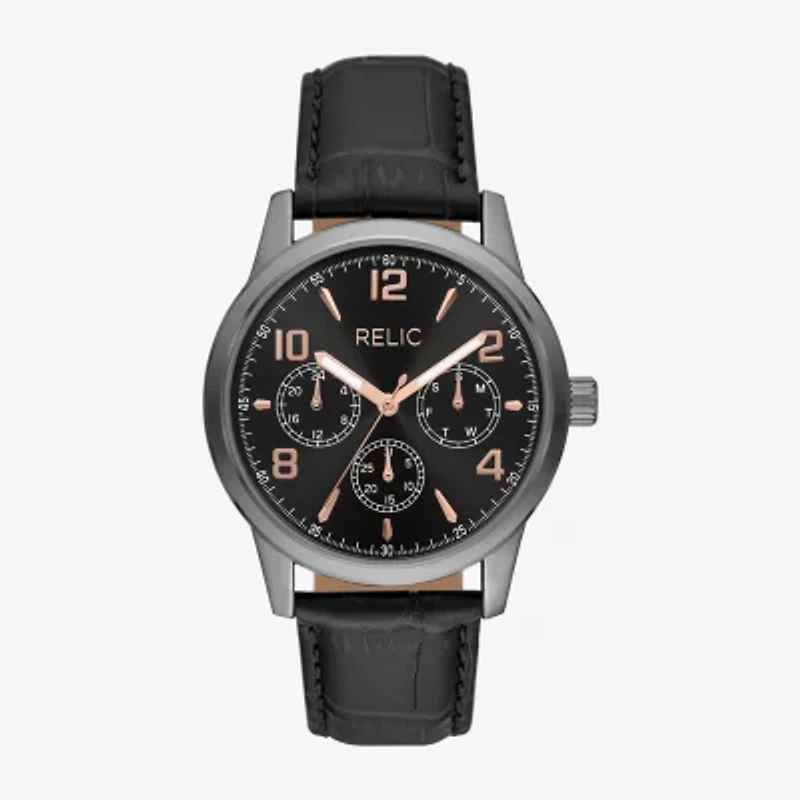 Relic By Fossil Rutherford Mens Multi-Function Black Leather Strap Watch Zr15976