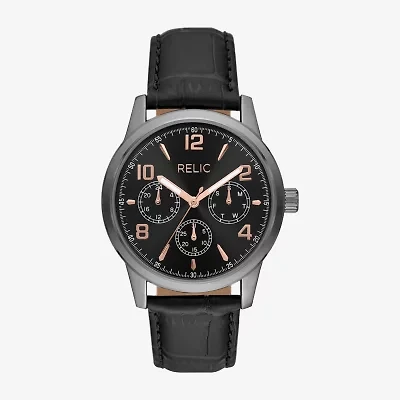 Relic By Fossil Rutherford Mens Multi-Function Black Leather Strap Watch Zr15976