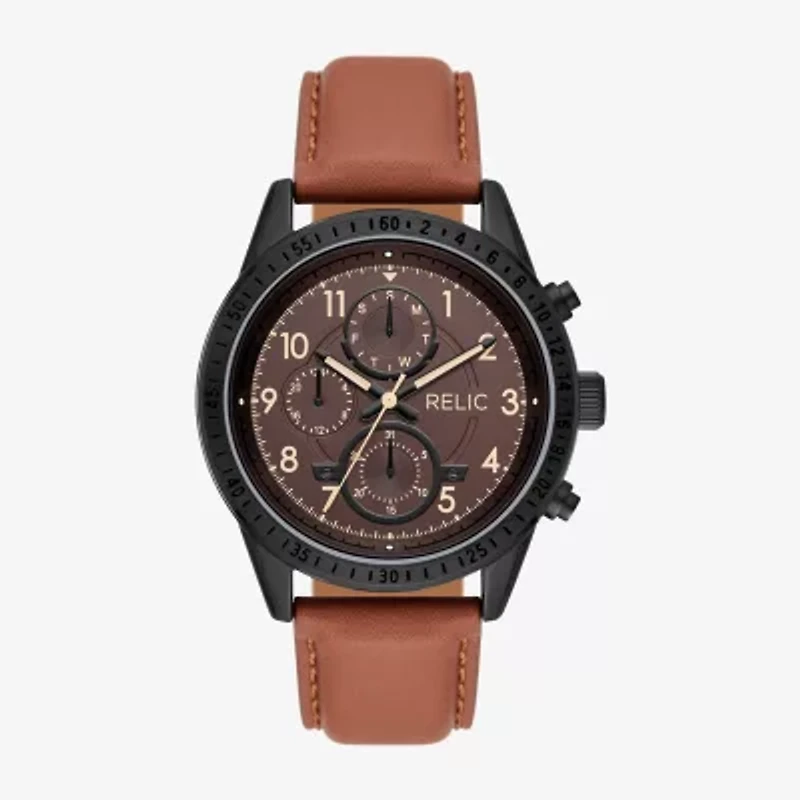 Relic By Fossil Mahoney Mens Multi-Function Brown Leather Strap Watch Zr15983