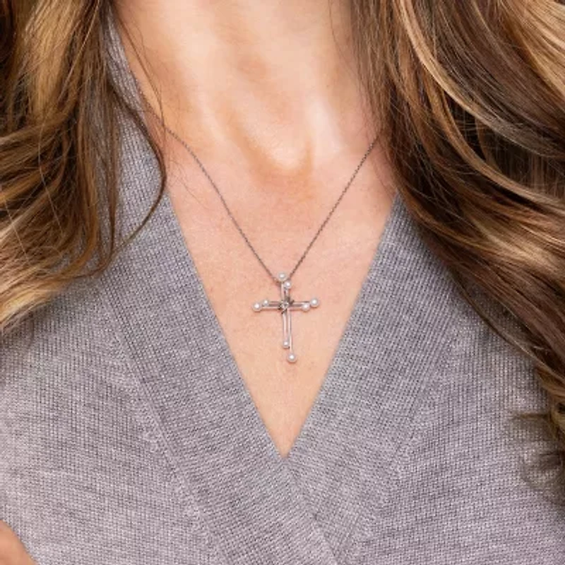Womens White Cultured Freshwater Pearl Sterling Silver Cross 18 Inch Pendant Necklace