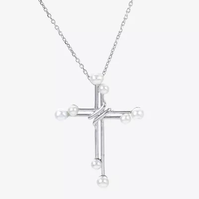 Womens White Cultured Freshwater Pearl Sterling Silver Cross 18 Inch Pendant Necklace