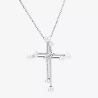 Womens White Cultured Freshwater Pearl Sterling Silver Cross 18 Inch Pendant Necklace
