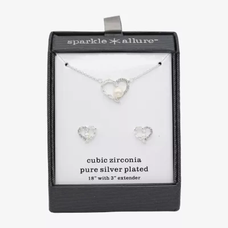Sparkle Allure Womens Cubic Zirconia Simulated Pearl Pure Silver Over Brass Heart 2-pc. Jewelry Set