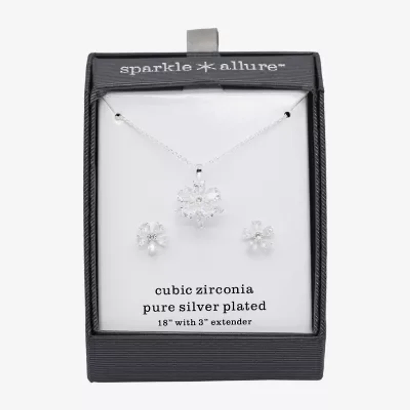 Sparkle Allure Womens Cubic Zirconia Pure Silver Over Brass Flower 2-pc. Jewelry Set