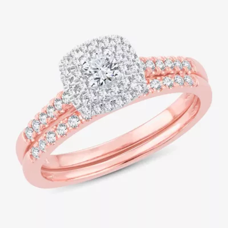 H-I / Si1-Si2) Womens 2 CT. T.W. Lab Grown White Diamond 10K or 14K Gold Cushion Side Stone Halo Bridal Set