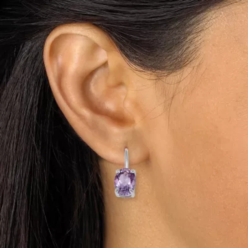 Womens Genuine Purple Amethyst Sterling Silver Oval Drop Earrings