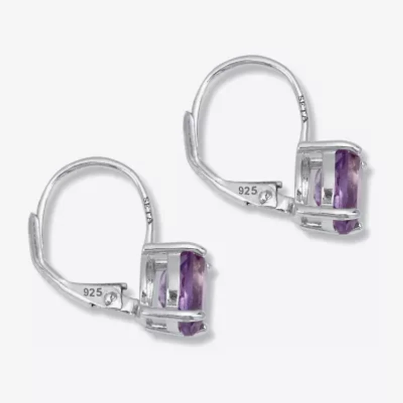 Womens Genuine Purple Amethyst Sterling Silver Oval Drop Earrings