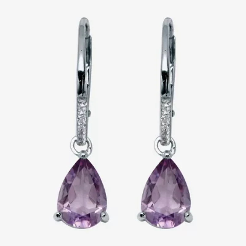 Womens Genuine Purple Amethyst Sterling Silver Pear Drop Earrings