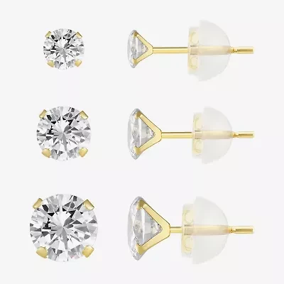 Womens Cubic Zirconia 10K Gold Round 3 Pair Earring Set