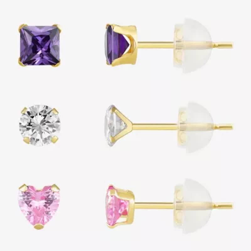 Womens Multi Color Cubic Zirconia 10K Gold Round 3 Pair Earring Set