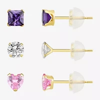 Womens Multi Color Cubic Zirconia 10K Gold Round 3 Pair Earring Set