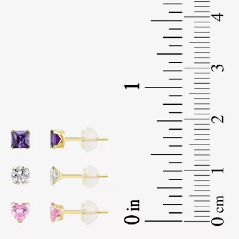 Womens Multi Color Cubic Zirconia 10K Gold Round 3 Pair Earring Set