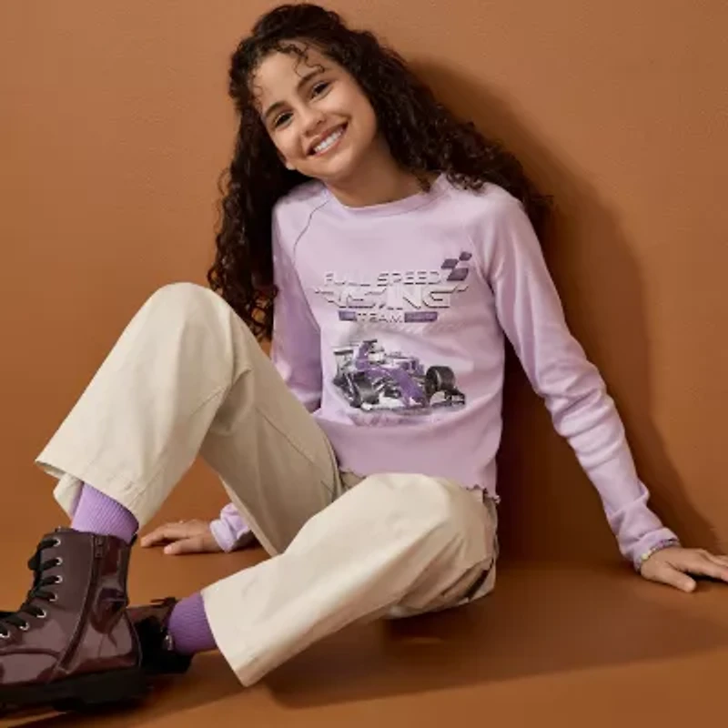 Thereabouts Little & Big Kid Girls Round Neck Long Sleeve Regular Fit Graphic T-Shirt