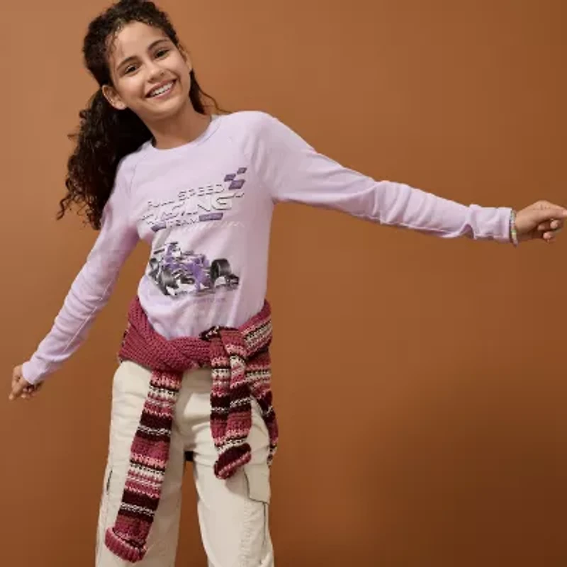 Thereabouts Little & Big Kid Girls Round Neck Long Sleeve Regular Fit Graphic T-Shirt